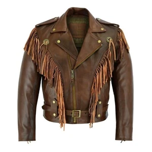 Mens Genuine cowhide leather Motorcycle Cowboy Tassel Fringe Leather Jacket. - Picture 1 of 6