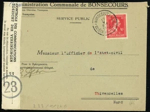 Belgium Bon-Secours to France Thivencelles 1945 Commercial Cover Censor Examined - Picture 1 of 2
