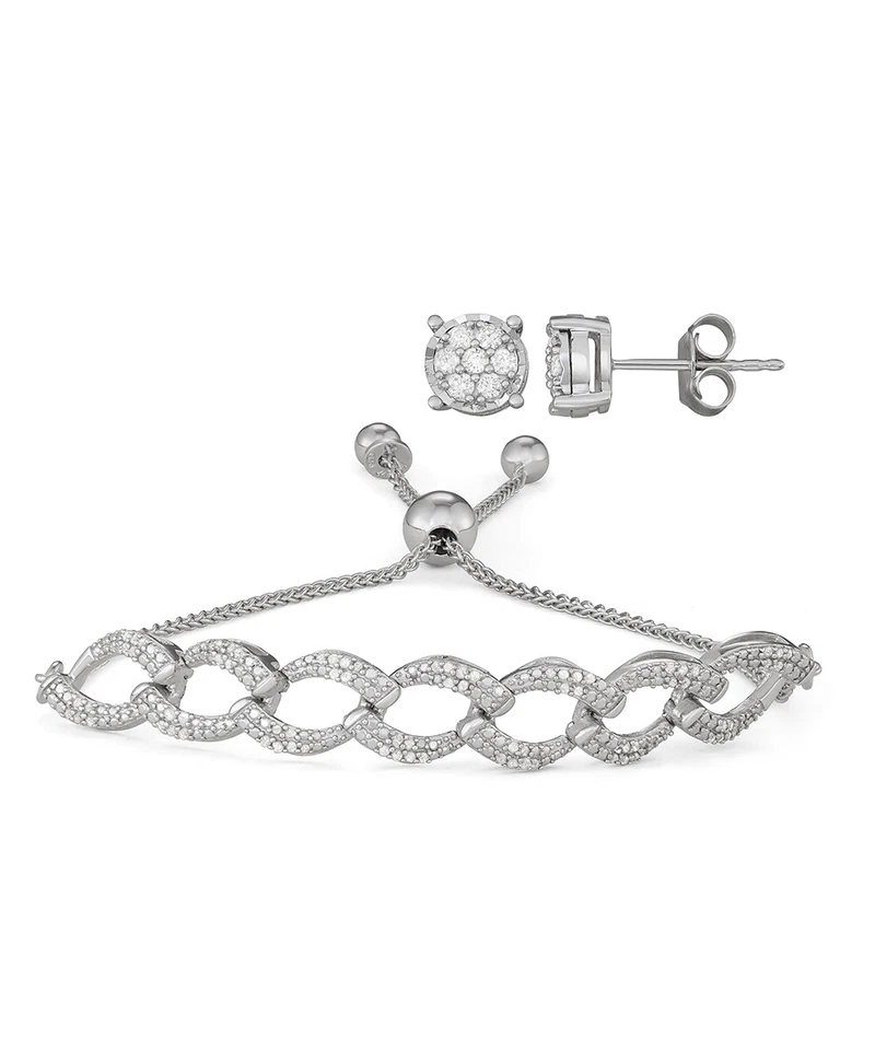 Juego de brazalete y aretes ajustables de diamantes de 1/2 CTW en plata de ley 925 Foto 1 de 1