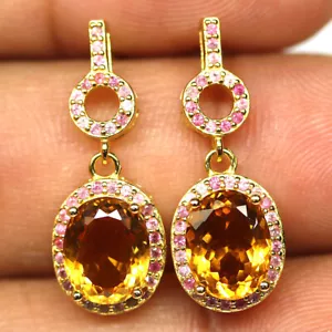 925 Sterling Silver 7 x 9 mm. Yellow Citrine & Pink Sapphire Earrings - Picture 1 of 4