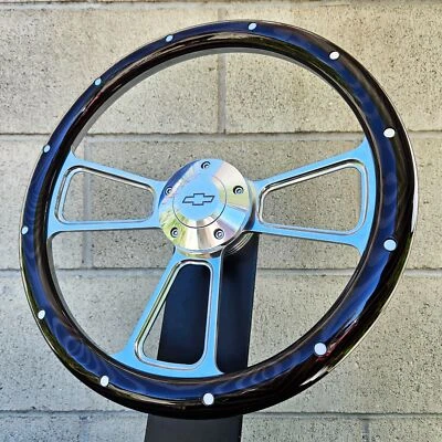 14" Billet Steering Wheel Dark Wood Rivet Half Wrap Chevy Bowtie Horn Button - Image 1 of 4
