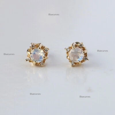 Nuevo conjunto de tachuelas de oro rosa de 14 k con 4 puntas de diamantes piedra lunar arco iris joyería fina Foto 1 de 4