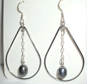 2.25” Pearl Hoop Earrings, .925 Silver Hooks, Lead Green Pearls In The Hoops - Picture 1 of 5