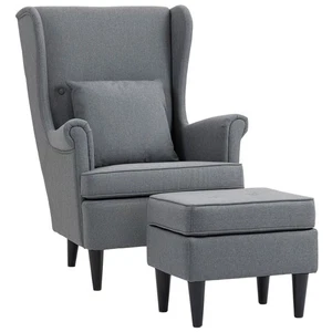 Ohrensessel mit Hocker Sessel mit Leinenoptik, Lendenkissen für Wohnzimmer Grau - Bild 1 von 10