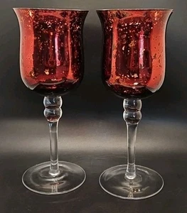 2 x Large Red & Gold mottled Glass Pillar Candle holders wine glass shape 24cm - Picture 1 of 4