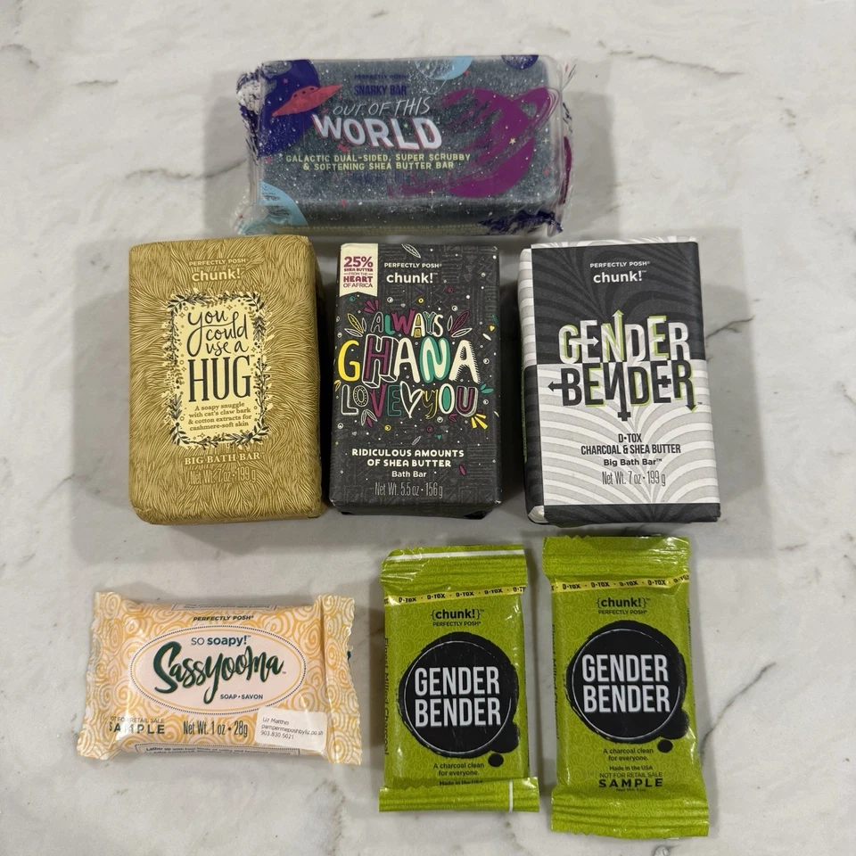 Perfectly Posh Chunk Bar Soap Lot of 7 Gender Bender Hug Ghana Sassypooma Sample - Image 1 of 2