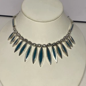 Mexico Sterling Silver Collar Necklace Blue Turquoise Chip Inlay 17", 85.4 Gram - Picture 1 of 11