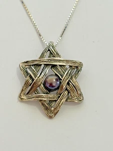 Sterling Silver Hagit Gorali Black Pearl Israel Star of David Pendant Necklace - Picture 1 of 8