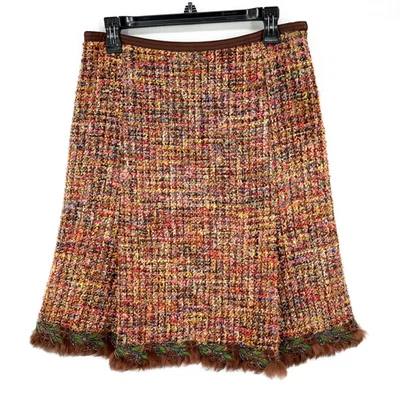 Falda Cynthia Steffe para mujer 8 marrón dorado tweed flecos dobladillo forrado mohair alpaca Foto 1 de 4