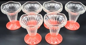 Vintage Frankreich Eisbecher gekräuselte Schale Dessert Glas korallenroter Boden 6er Set - Bild 1 von 15