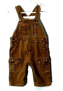 Genuine Baby Oshkosh Soft Brown Cotton Snap Strap Extra Pockets Long Overalls 9M - Picture 1 of 5