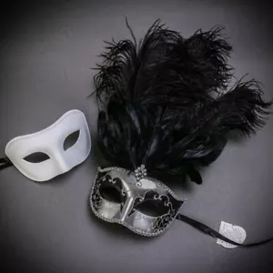 Black Silver & White Venetian Half Face Masquerade Masks Top Feather for Couples - Picture 1 of 3
