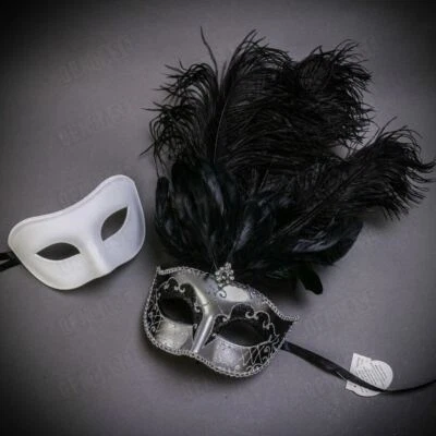 Black Silver & White Venetian Half Face Masquerade Masks Top Feather for Couples - Image 1 of 3