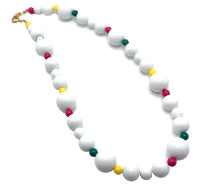 Colar de contas brancas vintage com detalhes multicoloridos década de 1980 declaração de chiclete 20" - Imagem 1 de 4