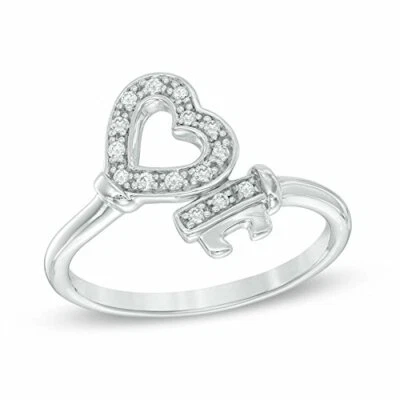 1/10 Cttw Diamond Heart and Key Fashion Band Ring in 14k White Gold Over - Image 1 of 3