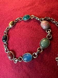 .925 Sterling Silver Multi-Color Scarab Style Gemstone Bracelet 7" - 0807 - Picture 1 of 3