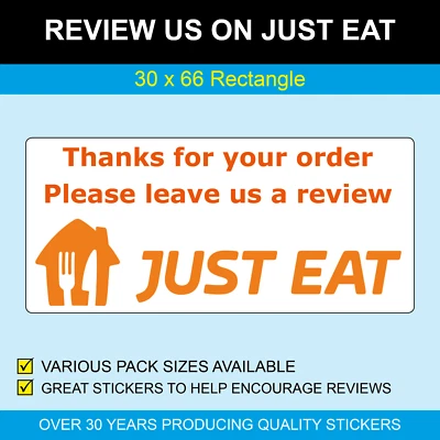 PRICE STICKERS New Branding - Please Leave Us A Review On Just Eat - 30 x 66mm Stickers