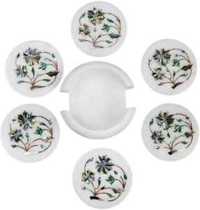3" White Luxury Marble Dining Coaster Set Abalone Shell Stone Floral Inlay Art - Picture 1 of 8