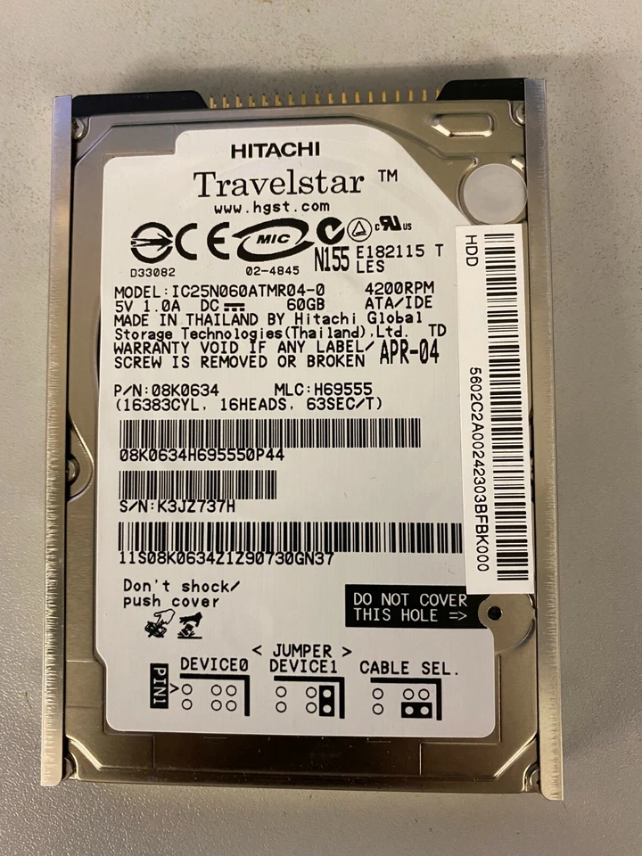 Hitachi IC25N060ATMR04-0 MLC:H69555 PN:08K0634 2.5" 60gb 2.5" IDE Hard Drive - Image 1 of 1