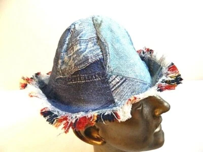 Vintage Patchwork Blue Jeans Circus Clown Cone Hat Beach Cap Halloween Costume - Image 1 of 4