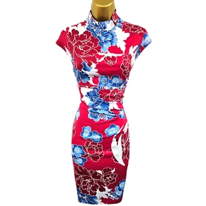 12 UK KAREN MILLEN Vintage Red Blue Satin Chinese Oriental Floral Mini Dress - Picture 1 of 11
