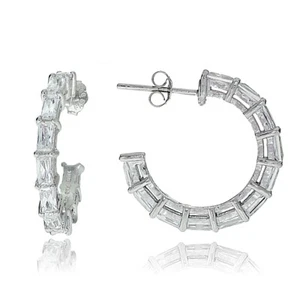 Argent Sterling Baguette Zircone Demi Créoles - Foto 1 di 3