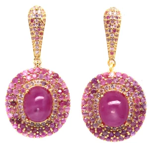 925 Sterling Silver 18K Gold Plated 8 x 9 MM. Red Ruby & Pink Sapphire Earrings - Picture 1 of 4