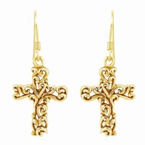 14K Yellow Gold Plated Silver Filigree Swirl Cross Drop Dangle Fish Hook Earring - Picture 1 of 7