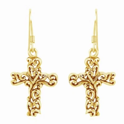 14K Yellow Gold Plated Silver Filigree Swirl Cross Drop Dangle Fish Hook Earring - Image 1 of 4