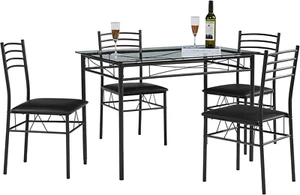 Kitchen Dining Table and Chairs Set for 4, PU Padded Seat & Glasses Tabletop, Sp - Picture 1 of 12
