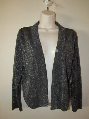 Cárdigan Grace Elements para mujer L frente abierto suéter negro encogerse de hombros brillo plateado Foto 1 de 4