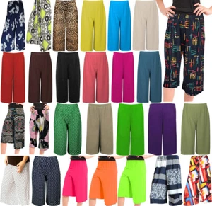 Womens Elastic Waist Wide Leg Culottes Ladies Casual 3/4 Length Capri Trousers - Picture 1 of 38
