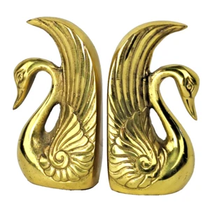 Art Deco Brass Swan Bookends Pair | Vintage Hollywood Regency MCM Figurines - Picture 1 of 9