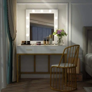 Lighted Vanity Table with Mirror, Makeup Vanity Table,2 Large Drawers,Gold Frame - Picture 1 of 6