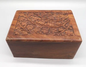 VTG Hand Made Carved Wood Jewelry Trinket Box Urn Flowers Floral - Picture 1 of 8