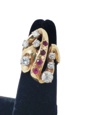 Винтажное кольцо с 7 бриллиантами и 4 рубинами - золото 14k - размер 5-1/2 - бриллиант рубин - Изображение 1 из 4
