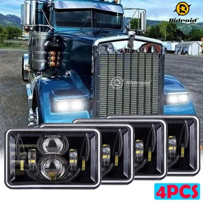 For Kenworth T800 1987-2023 W900 1981-2023 4x6" Rectangle LED Headlights Hi/Lo - Image 1 of 4
