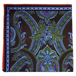 Brown & Blue Floral Motif Silk Pocket Square (Hand-Rolled in England) - Picture 1 of 7
