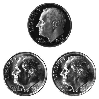 1990 P D S Roosevelt Dime 10c Year set Proof & BU US 3 Coin lot - Image 1 of 4