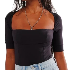Free People Everly Square Neck Bodysuit w/ Back Cutout in Black Size X-Small - Picture 1 of 8