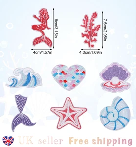 8pcs Iron on Patches for Clothes, Ocean Theme Sea Shell Mermaid Waves - Picture 1 of 7