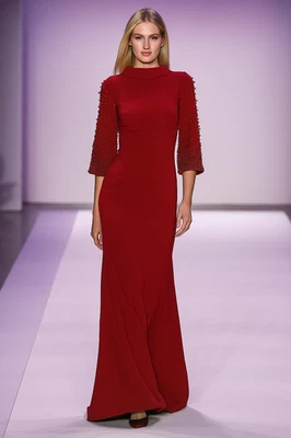 Badgley Mischka Ruby Red Beaded Bell Long  Sleeve Gown $990 Modest sz 4 NWOT - Image 1 of 3