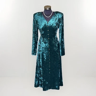 Vintage Green Crushed Velvet Corset Back 90s Dress Grunge Whimsigoth 14 - Image 1 of 4