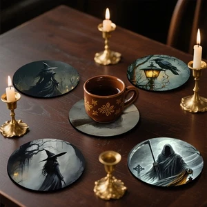 6 Stck. Getränk Zubehör Holz Halloween Hexe Untersetzer Set Hitze Runde Tasse Matte USA - Bild 1 von 11