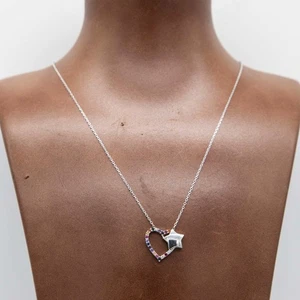 Cuore Stella Arcobaleno Con Zirconi Ciondolo Collana Vero 14K Oro Bianco Argento - Foto 1 di 8