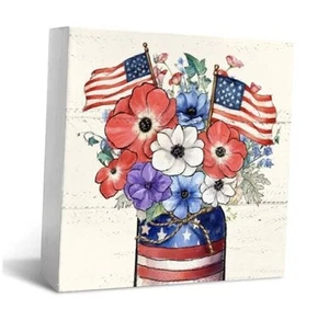 JXREQ 4th of July Decor Wood Box Sign Desk Decor, Sunmmer Floral Red Flower - Picture 1 of 8
