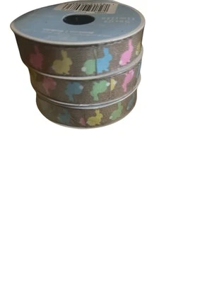 3 Rolls of Easter Ribbon - Burlap-Look Ribbon w/ Colorful Bunnies - 5/8" x 12 ft - Image 1 of 2