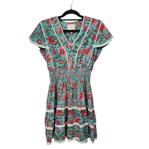 Mare Sea türkis Blumen gesmokt Stufen Rüschen Cottagecore Anthro Minikleid Damen M - Bild 1 von 7