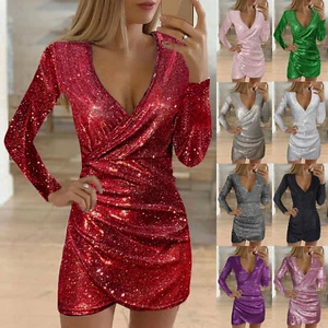 Women Evening Party Sparkly Long Sleeve Cocktail V-Neck Mini Wrap Dress Dress - Picture 1 of 21