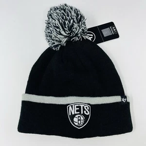 ‘47 Brooklyn Nets Logo Pom Cuffed Beanie Toboggan Knit Winter Hat Cap Mens NEW - Picture 1 of 5